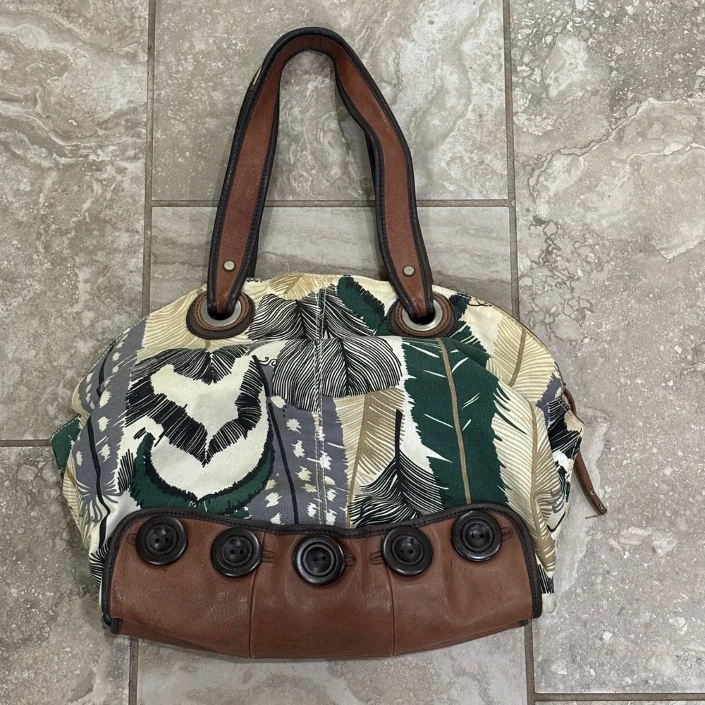 Lucky Penny Anthropology Canvas Leather Tropical Print Hobo Shoulder Bag